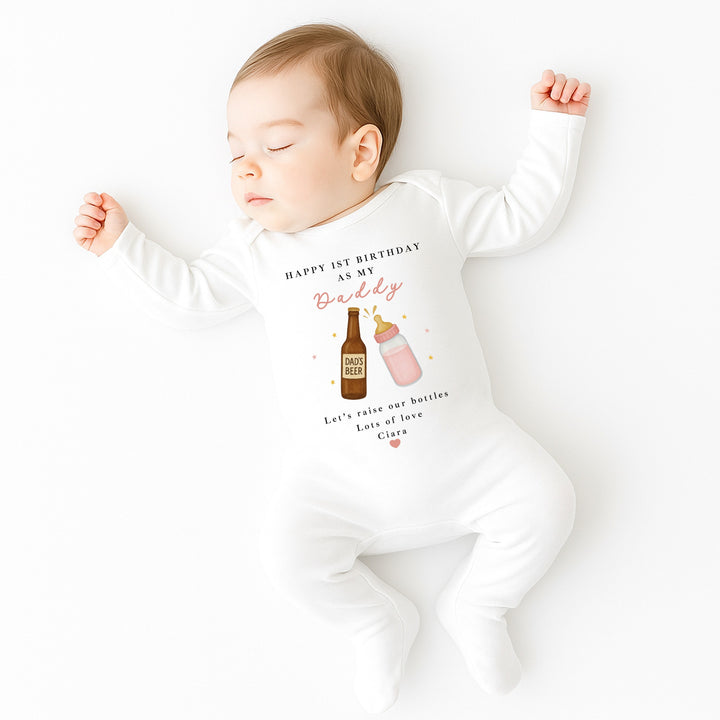 Personalised Beer & Milk Pink Happy Birthday Daddy Baby Grow/Vest