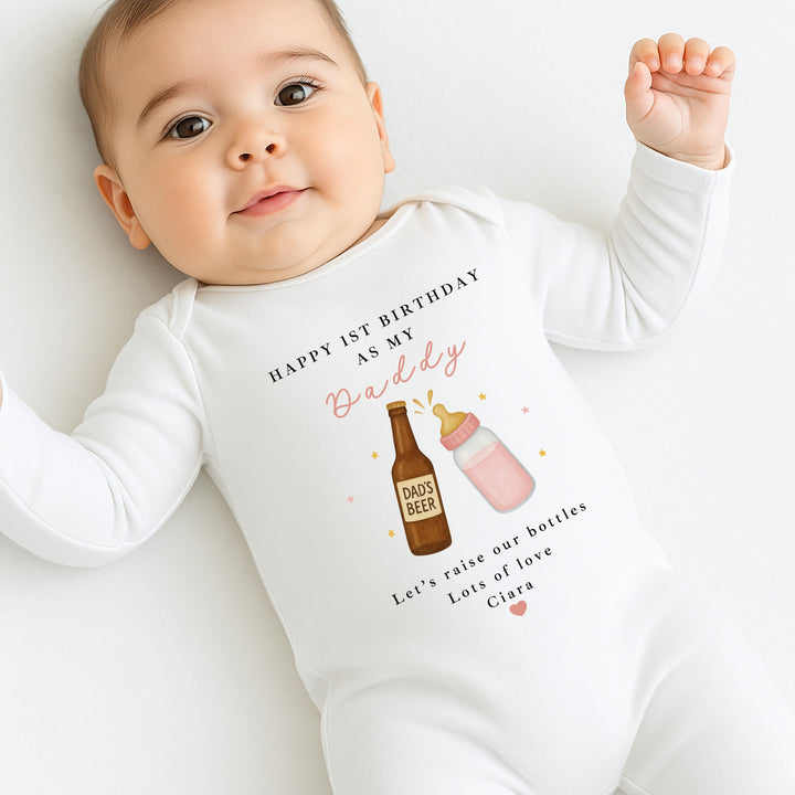 Personalised Beer & Milk Pink Happy Birthday Daddy Baby Grow/Vest