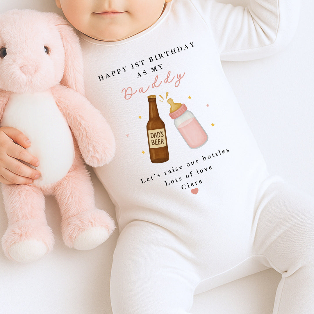 Personalised Beer & Milk Pink Happy Birthday Daddy Baby Grow/Vest