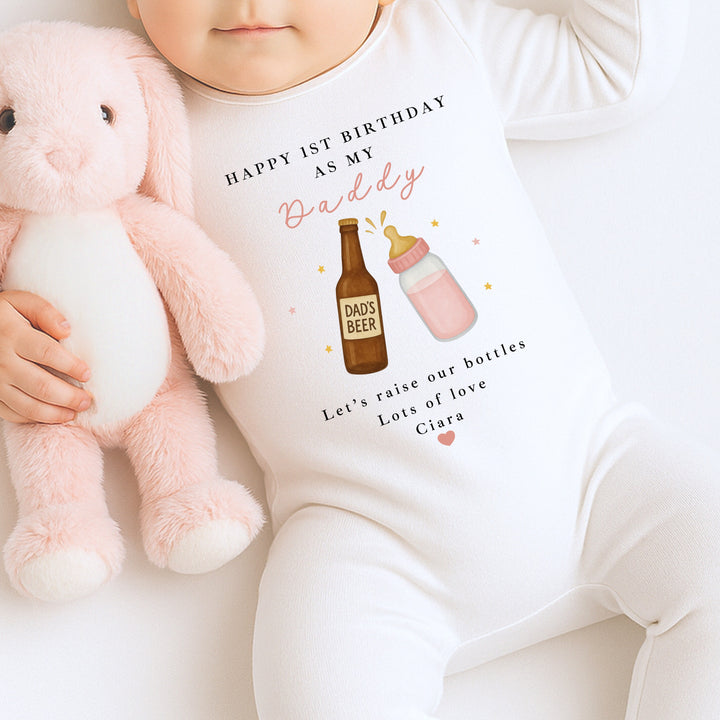 Personalised Beer & Milk Pink Happy Birthday Daddy Baby Grow/Vest
