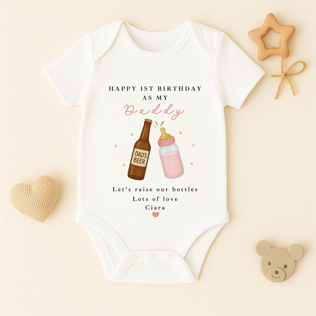 Personalised Beer & Milk Pink Happy Birthday Daddy Baby Grow/Vest