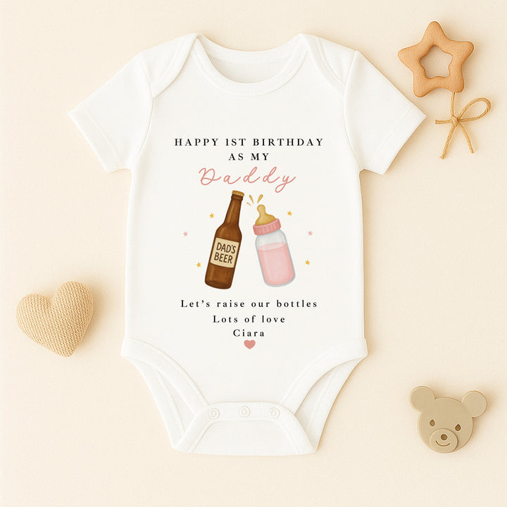 Personalised Beer & Milk Pink Happy Birthday Daddy Baby Grow/Vest