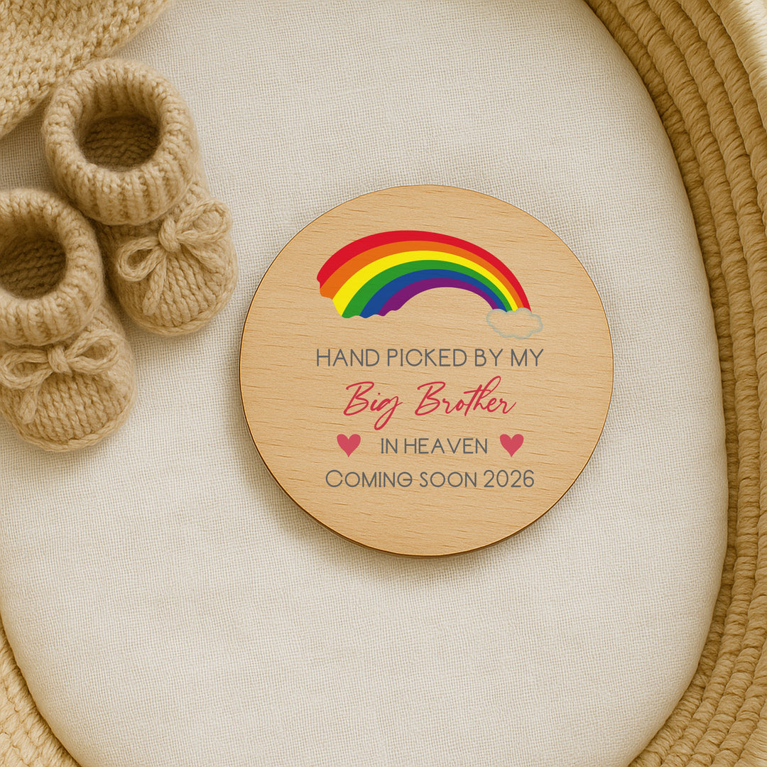 Personalised Hand Picked From Heaven Rainbow Wooden Announcement Plaque