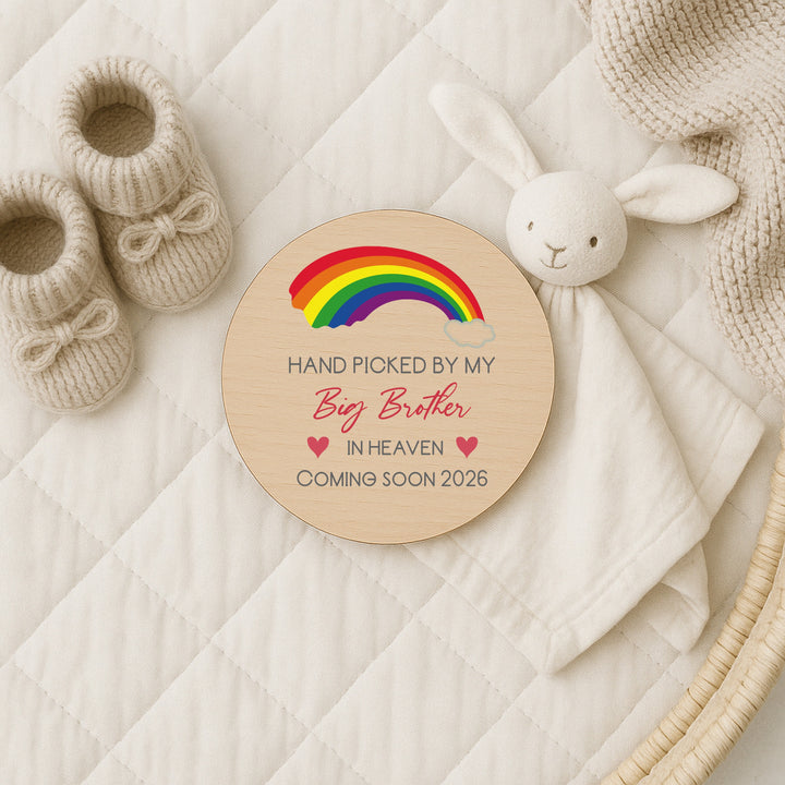 Personalised Hand Picked From Heaven Rainbow Wooden Announcement Plaque
