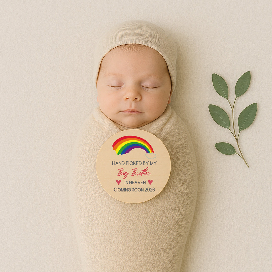 Personalised Hand Picked From Heaven Rainbow Wooden Announcement Plaque
