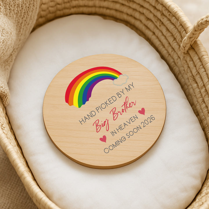 Personalised Hand Picked From Heaven Rainbow Wooden Announcement Plaque