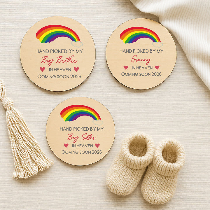 Personalised Hand Picked From Heaven Rainbow Wooden Announcement Plaque
