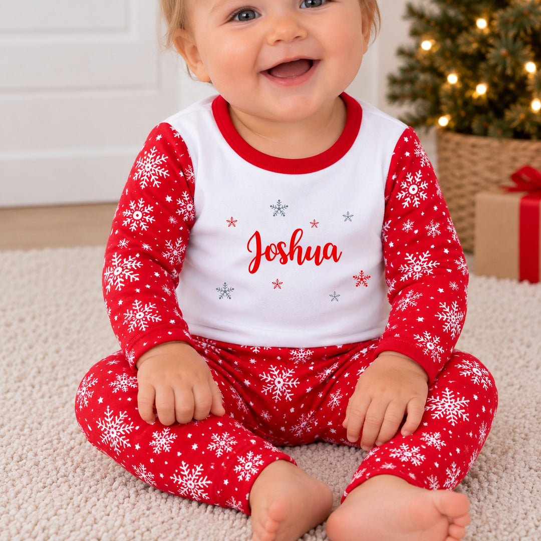 Personalised Snowflake Sibling Matching Christmas Pyjamas or Baby Grow
