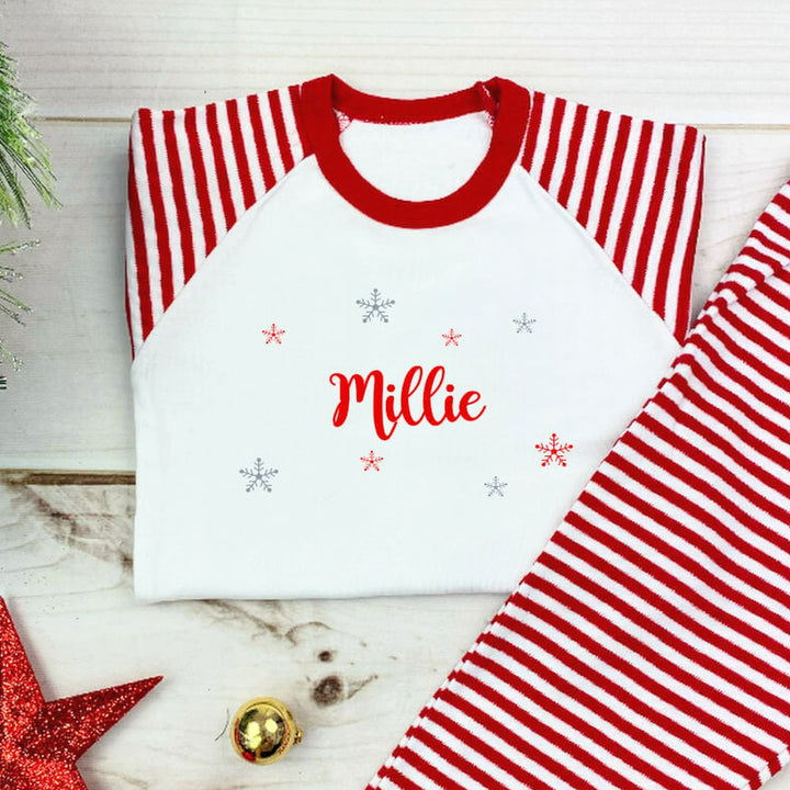 Children's Personalised Christmas Snowflakes & Name Pyjama Set (Silver & Red)