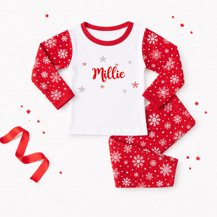 Personalised Snowflake Sibling Matching Christmas Pyjamas or Baby Grow