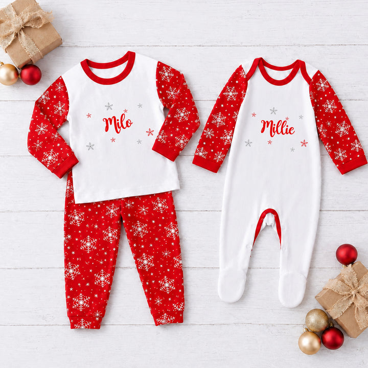 Personalised Snowflake Sibling Matching Christmas Pyjamas or Baby Grow