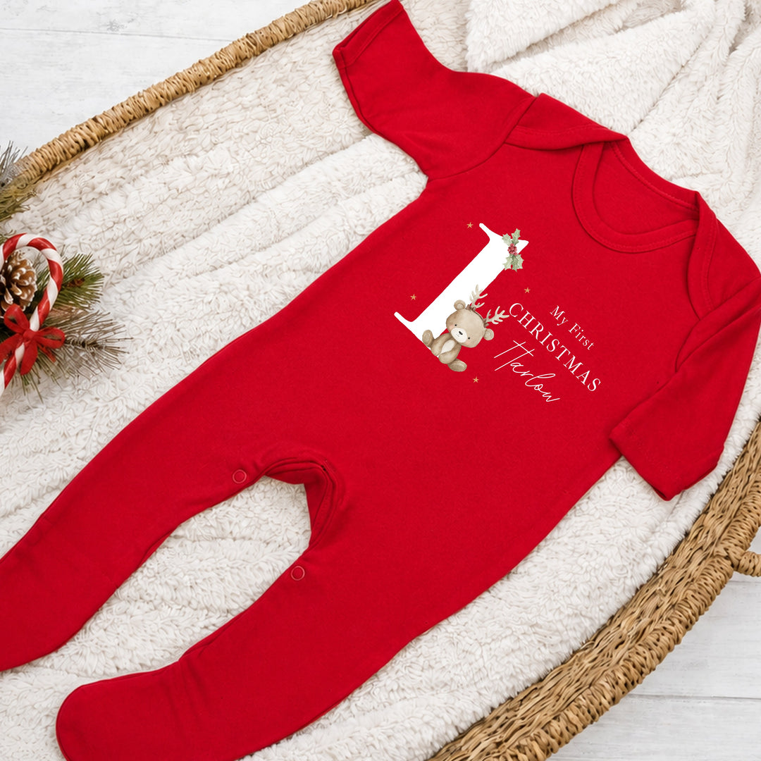 Personalised Bear Reindeer Red My 1st Christmas Red Baby Grow