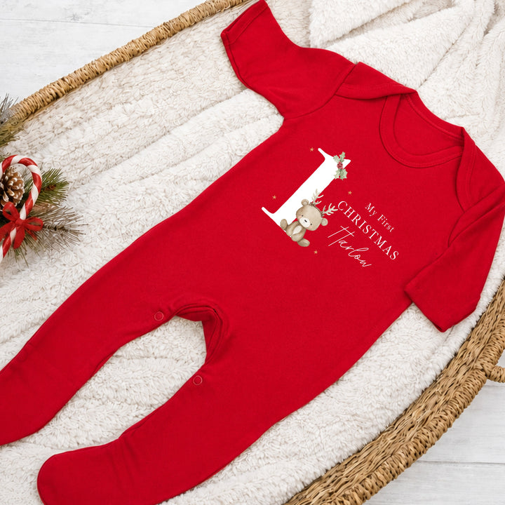 Personalised Bear Reindeer Red My 1st Christmas Red Baby Grow