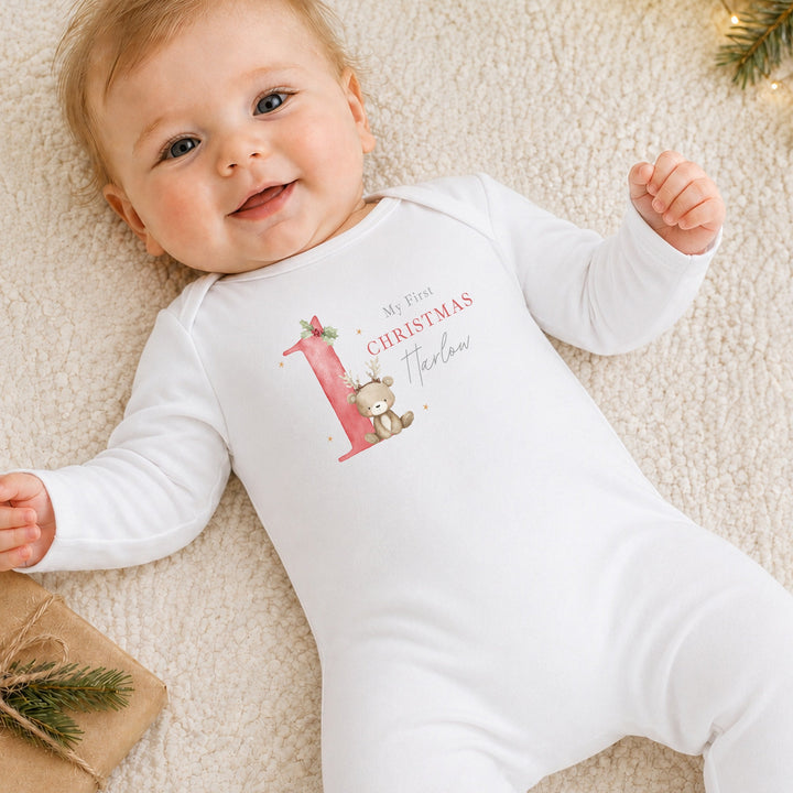 Personalised Bear Reindeer Red My 1st Christmas Baby Grow Or Vest