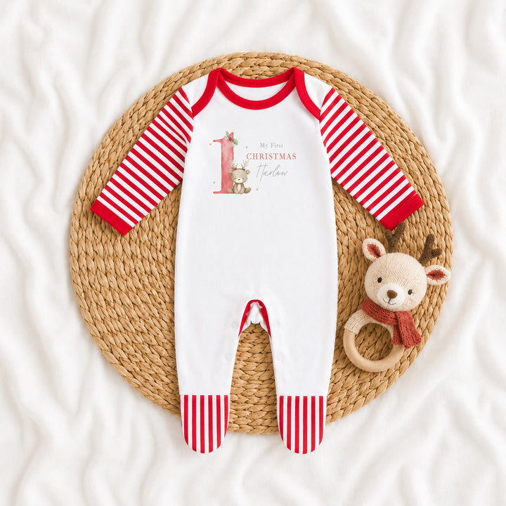Personalised Bear Reindeer Red My 1st Christmas Red Baby Grow