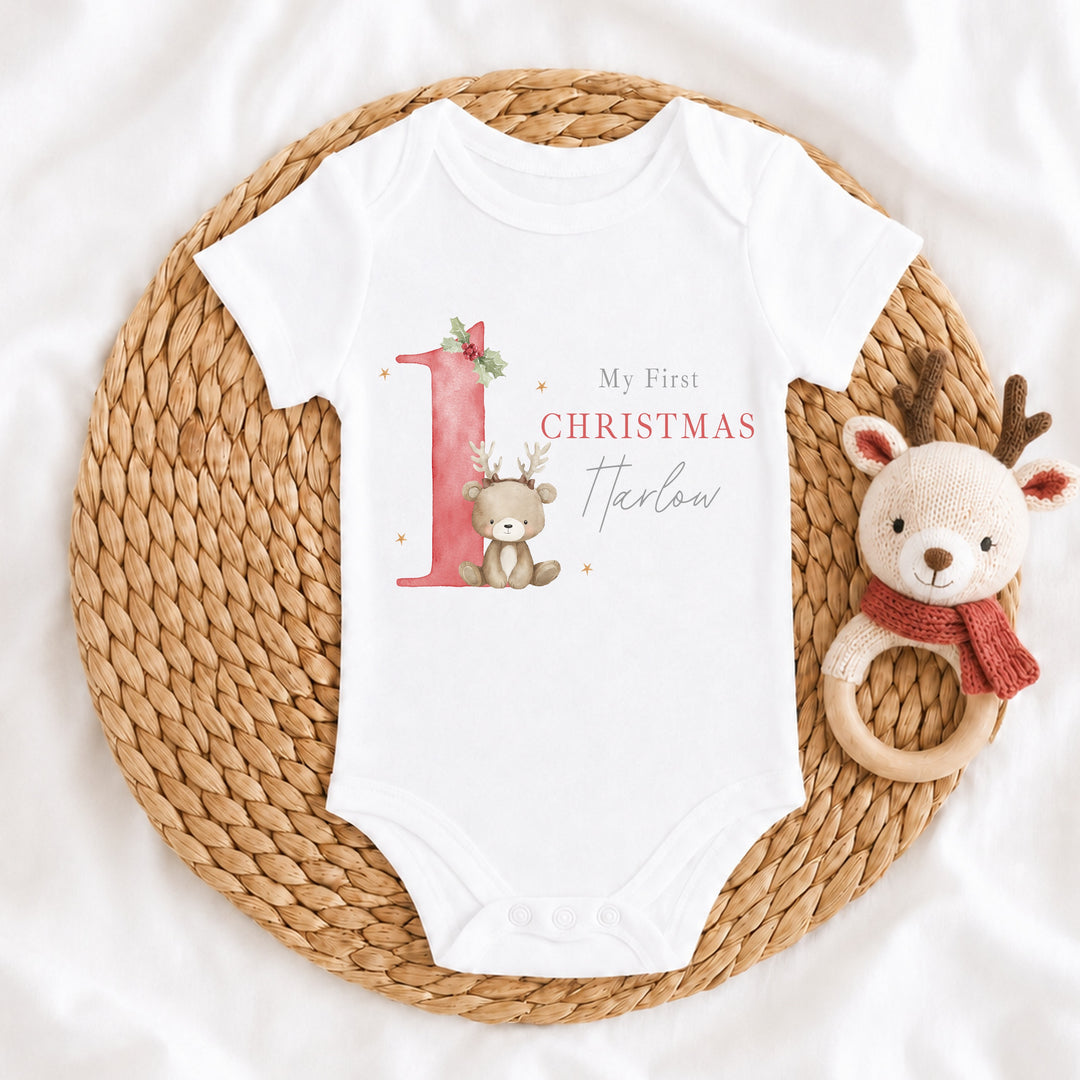 Personalised Bear Reindeer Red My 1st Christmas Baby Grow Or Vest