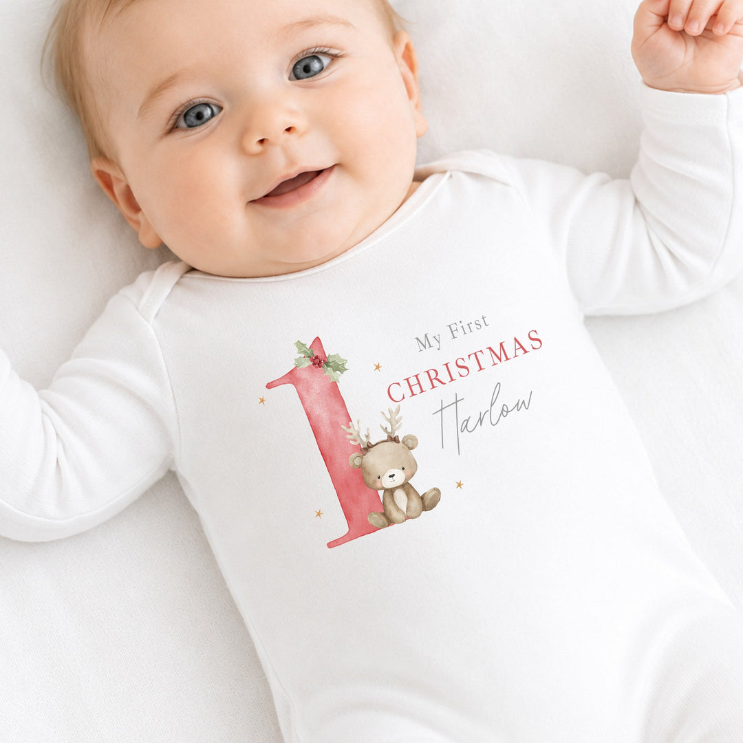 Personalised Bear Reindeer Red My 1st Christmas Baby Grow Or Vest
