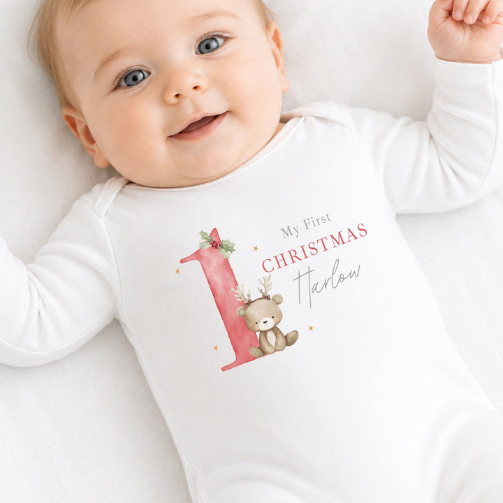 Personalised Bear Reindeer Red My 1st Christmas Baby Grow Or Vest