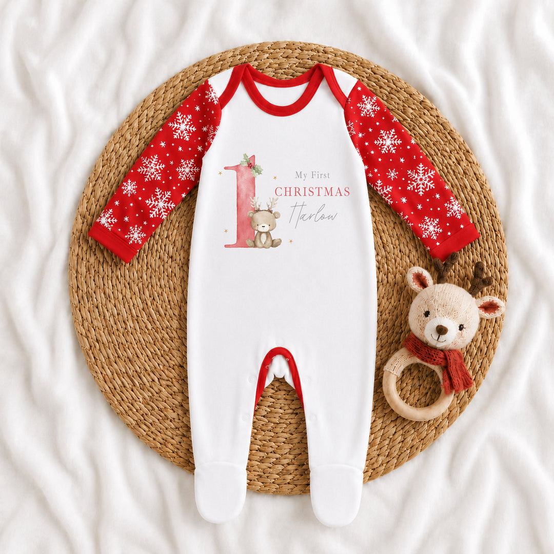 Personalised Bear Reindeer Red My 1st Christmas Pattern Baby Grow