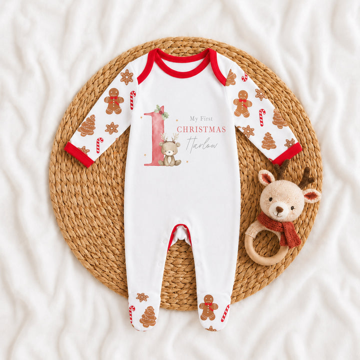 Personalised Bear Reindeer Red My 1st Christmas Pattern Baby Grow