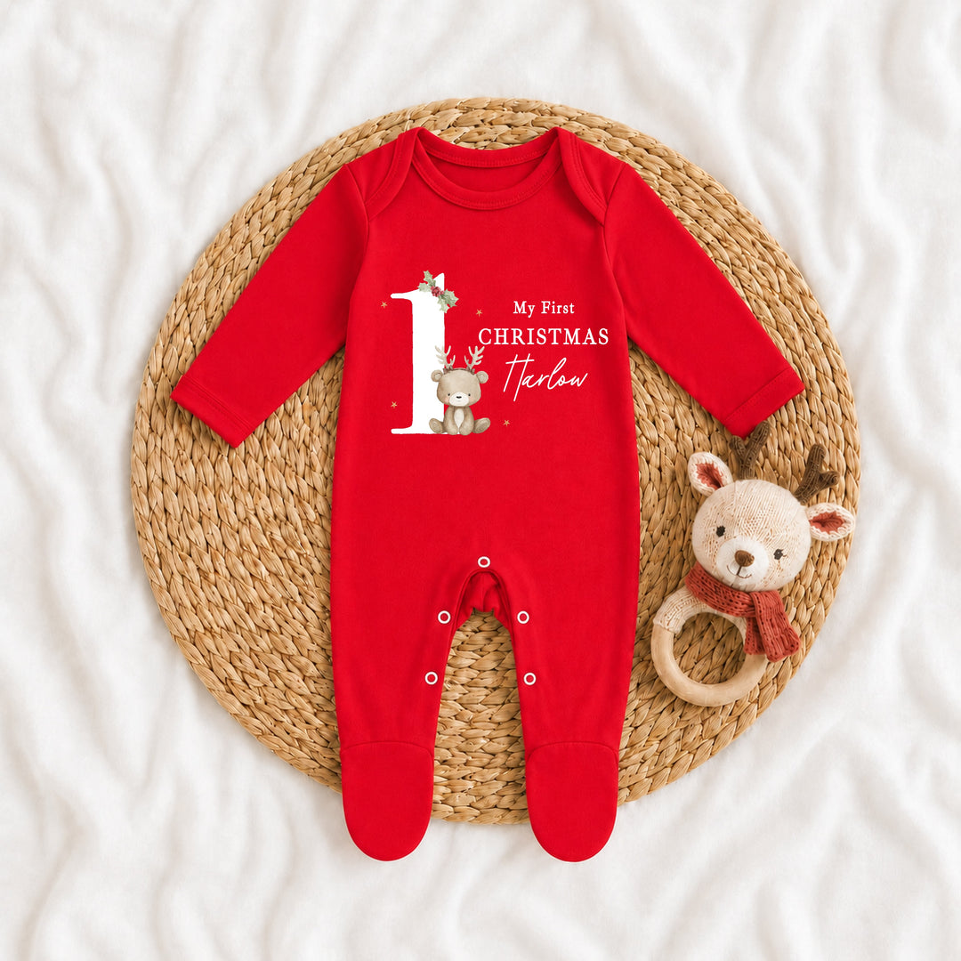 Personalised Bear Reindeer Red My 1st Christmas Red Baby Grow