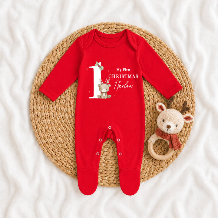 Personalised Bear Reindeer Red My 1st Christmas Red Baby Grow