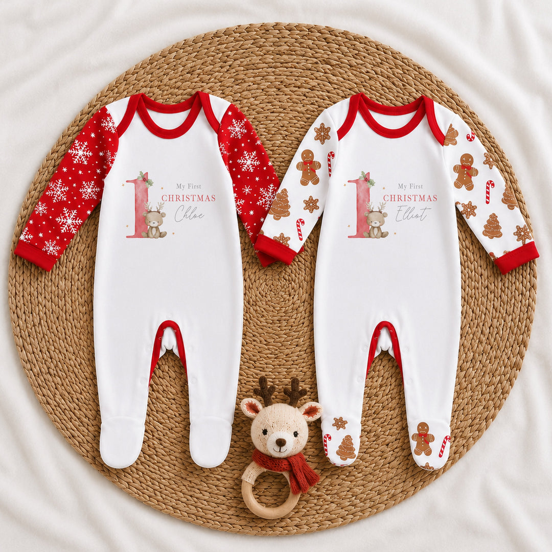 Personalised Bear Reindeer Red My 1st Christmas Pattern Baby Grow