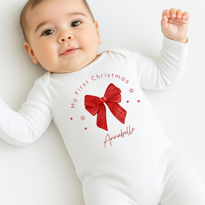Personalised Red Bow My First Christmas Baby Grow/Vest/Bib