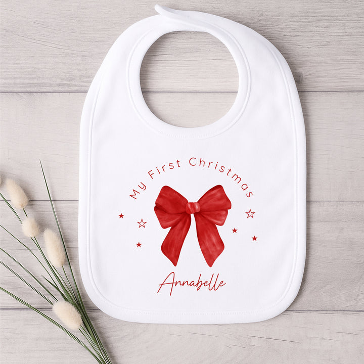 Personalised Red Bow My First Christmas Baby Grow/Vest/Bib