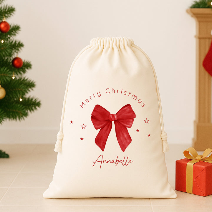 Personalised Red Bow Merry Christmas Santa Sack or Stocking