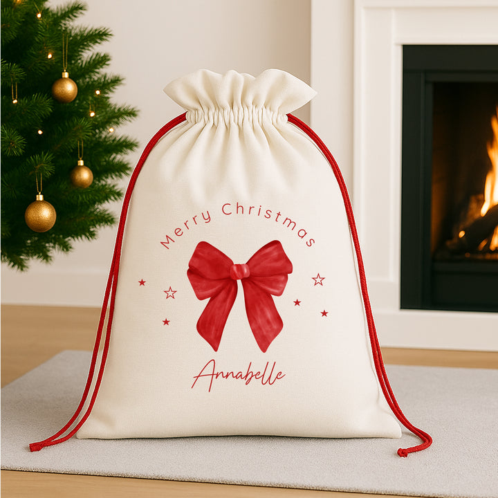 Personalised Red Bow Merry Christmas Santa Sack or Stocking