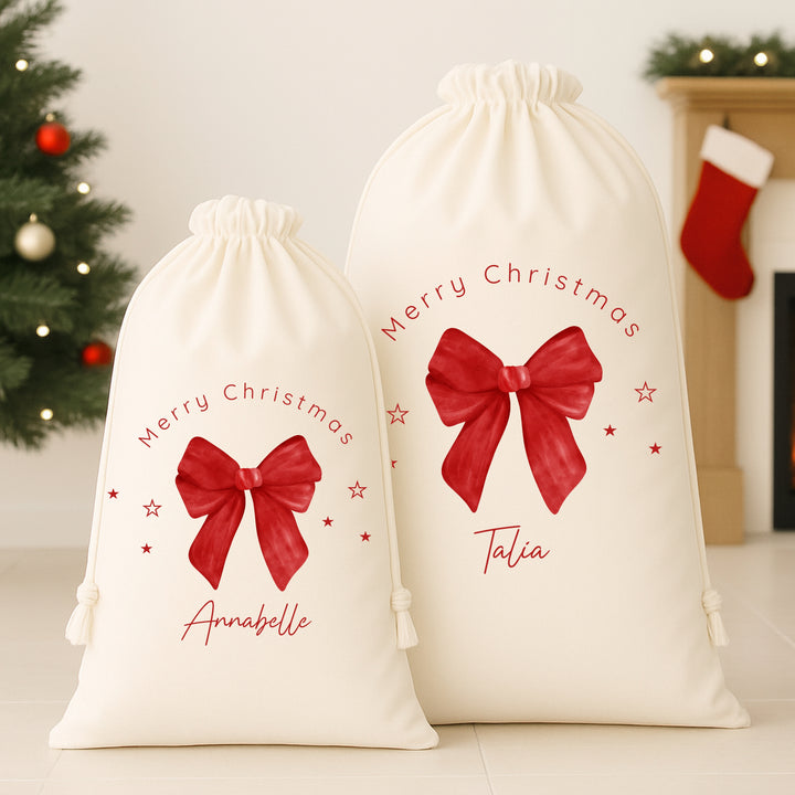 Personalised Red Bow Merry Christmas Santa Sack or Stocking