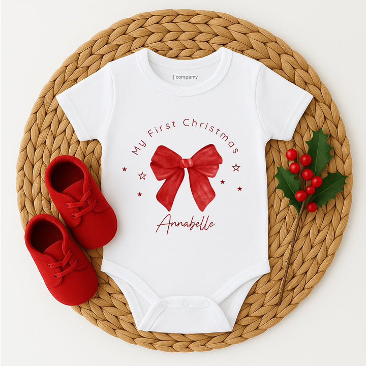 Personalised Red Bow My First Christmas Baby Grow/Vest/Bib