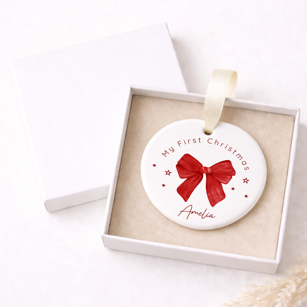 Personalised Red Bow Ceramic My First Christmas Bauble