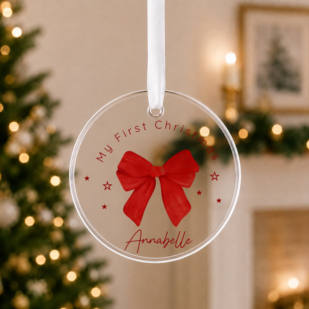 Personalised Acrylic Red Bow My First Christmas Bauble
