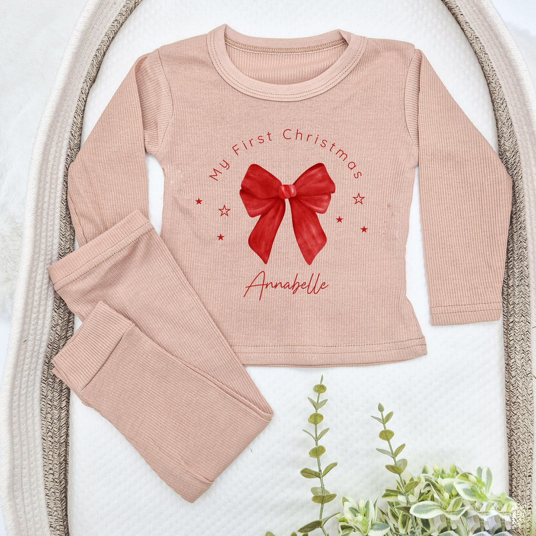 Personalised Red Bow Christmas Ribbed Loungewear