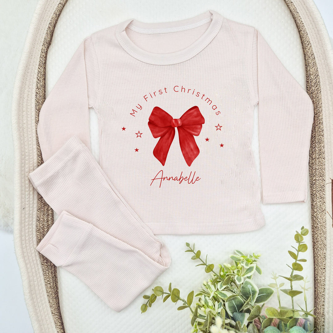 Personalised Red Bow Christmas Ribbed Loungewear