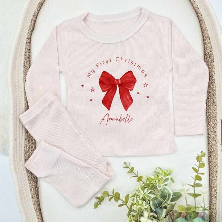 Personalised Red Bow Christmas Ribbed Loungewear
