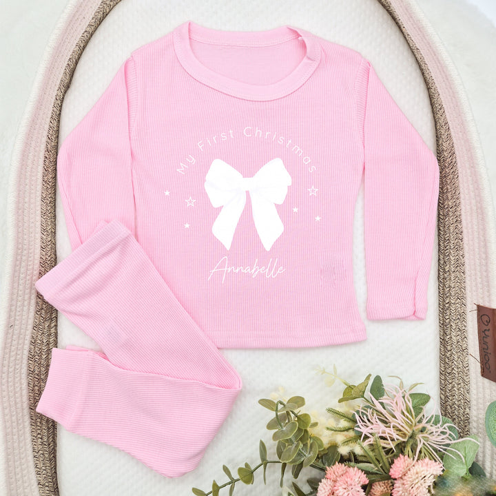 Personalised Red Bow Christmas Ribbed Loungewear