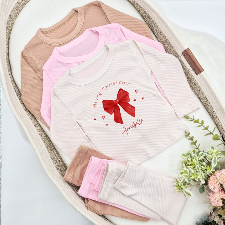 Personalised Red Bow Christmas Ribbed Loungewear