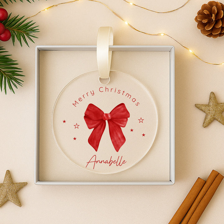 Personalised Red Bow Acrylic Christmas Bauble