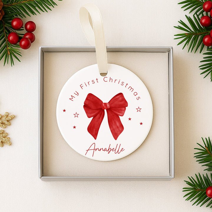 Personalised Red Bow Christmas Bauble