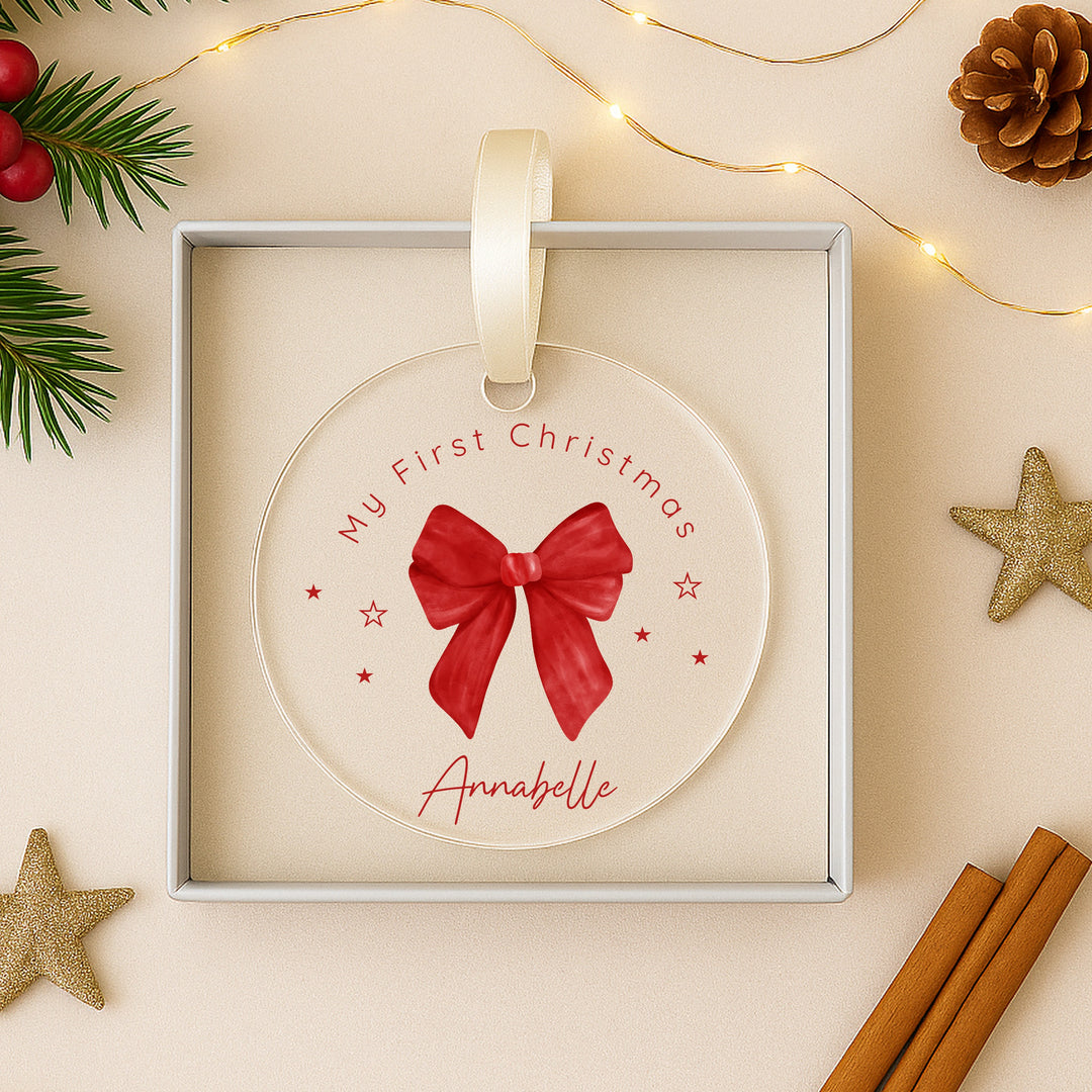 Personalised Red Bow Acrylic Christmas Bauble