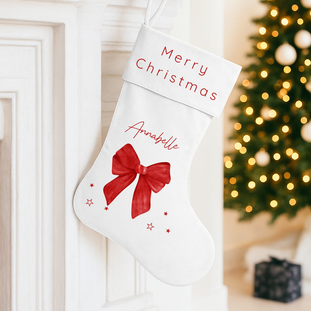 Personalised Red Bow Velvet Christmas Santa Sack or Stocking