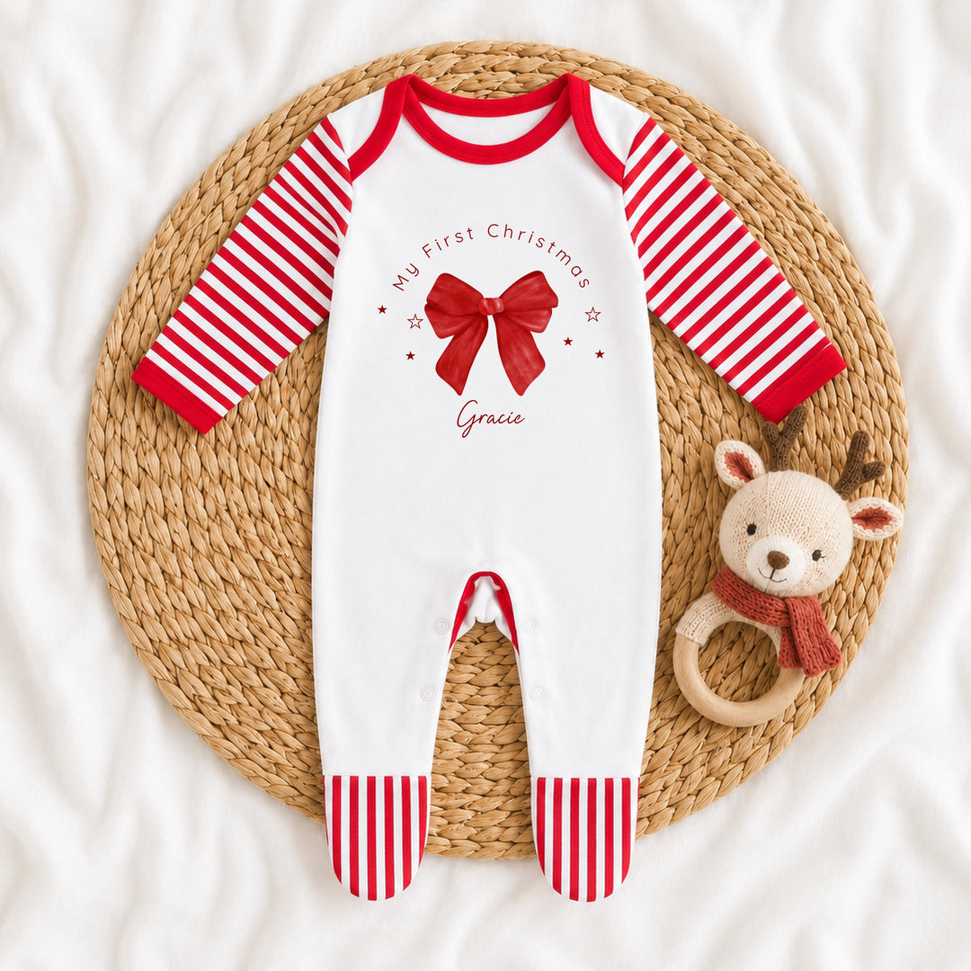 Personalised Red Bow My First Christmas Baby Grow/Vest/Bib