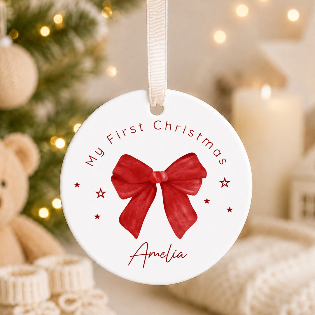 Personalised Red Bow Ceramic My First Christmas Bauble