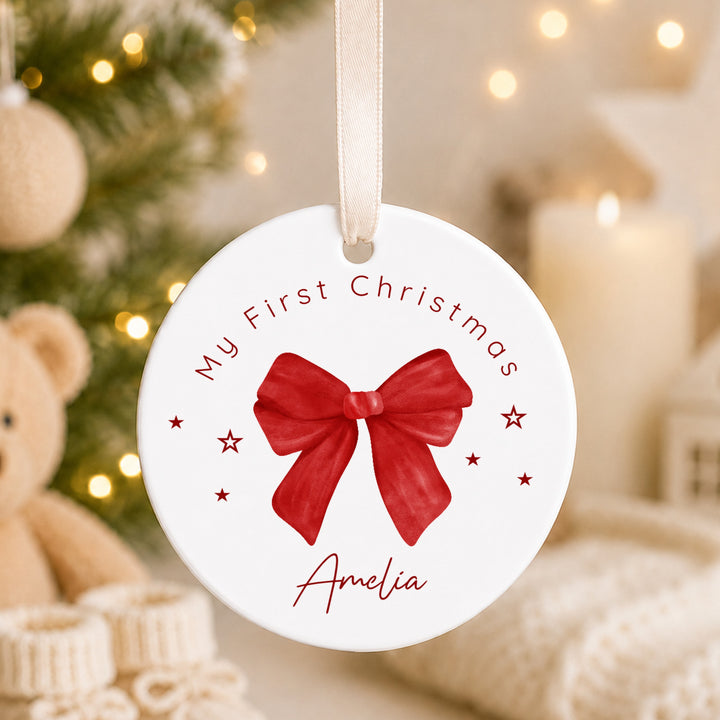 Personalised Red Bow Ceramic My First Christmas Bauble