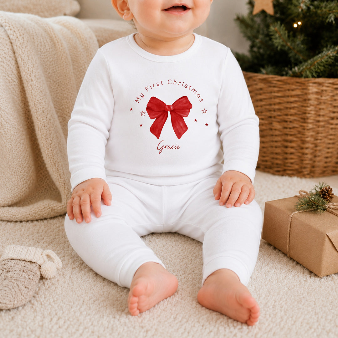 Personalised Red Bow My First Christmas Pyjamas