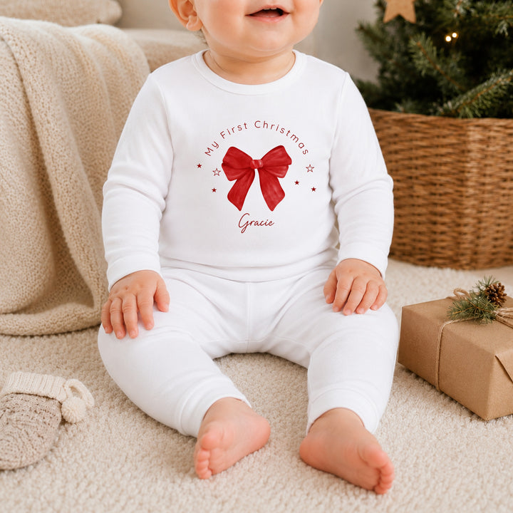 Personalised Red Bow My First Christmas Pyjamas