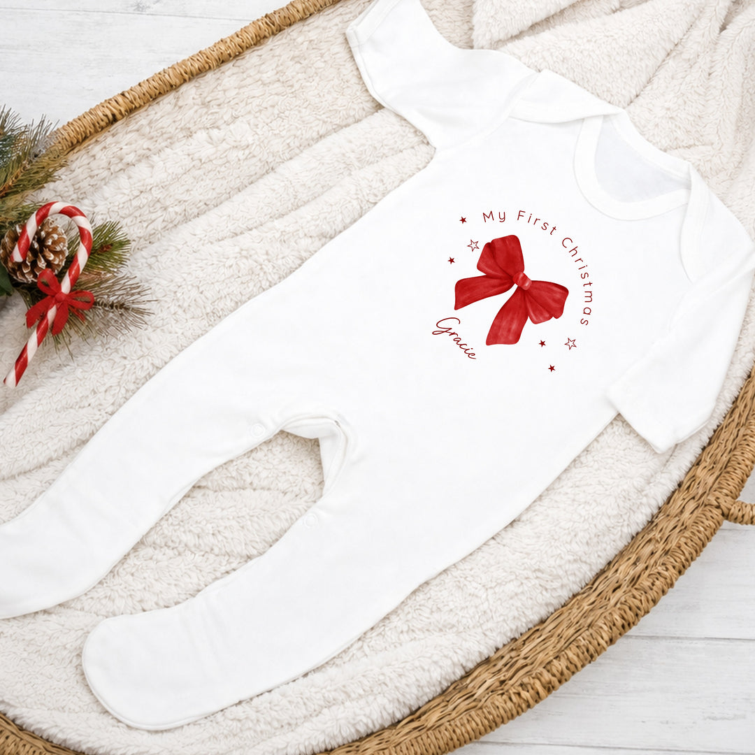 Personalised Red Bow My First Christmas Baby Grow/Vest/Bib